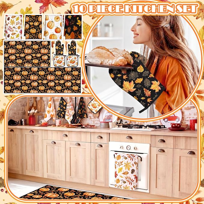 Fourluoo 10 Pcs Fall Pumpkin Kitchen Decor Set Towels Rugs Oven Mitts and Pot Holders Autumn Leaves Pumpkin Decor for Women Mom Gift Cooking Baking Grilling