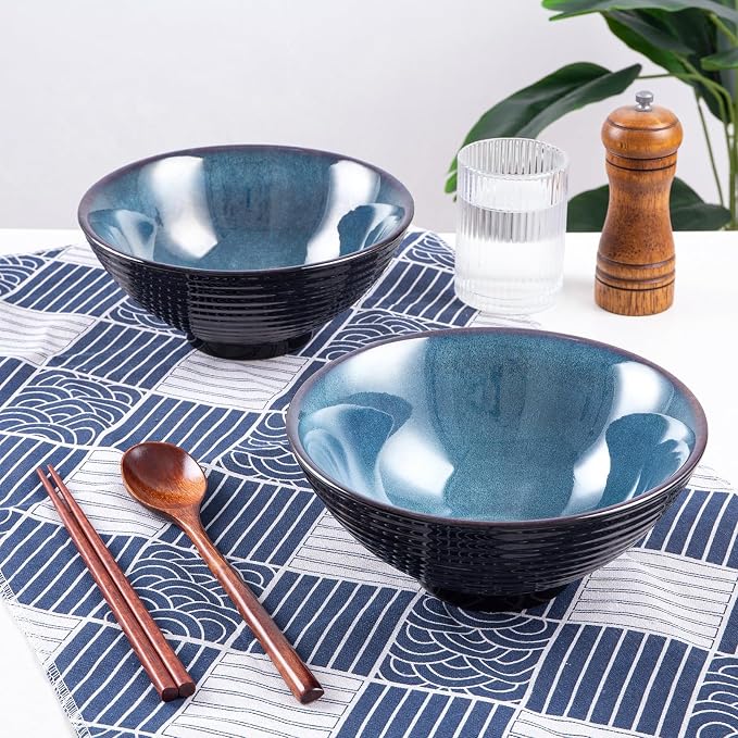 Ceramic Japanese Ramen Bowl Set, 2 Sets Asian Pho Udon Soup Noodle Bowls with Spoons and Chopsticks (Starry Blue, 8 inches)