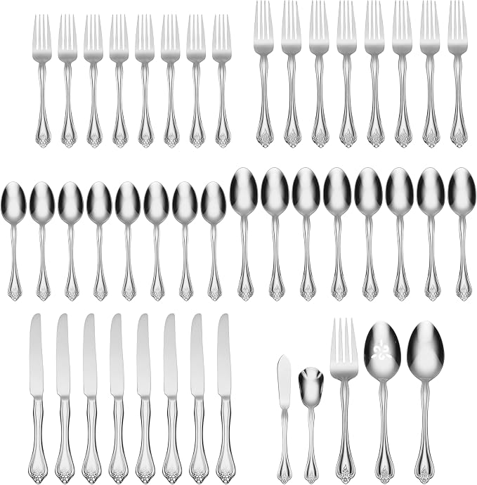 Oneida Boutonniere 45-Piece 18/0 Silverware Set for 8, Flatware | mirror finish, dishwasher safe | includes serving spoons and utensil set | cutlery set, wedding silverware