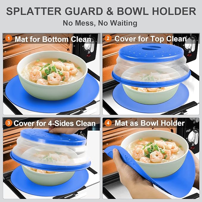 2 in 1, Aidacom Microwave Splatter Cover for Food & Silicone Microwave Mat, Mat as Bowl Holder, Trivet, Pot Holders, Drying, Baking, Utensils Rest for Kitchen Counter, Dishwasher Safe, Blue