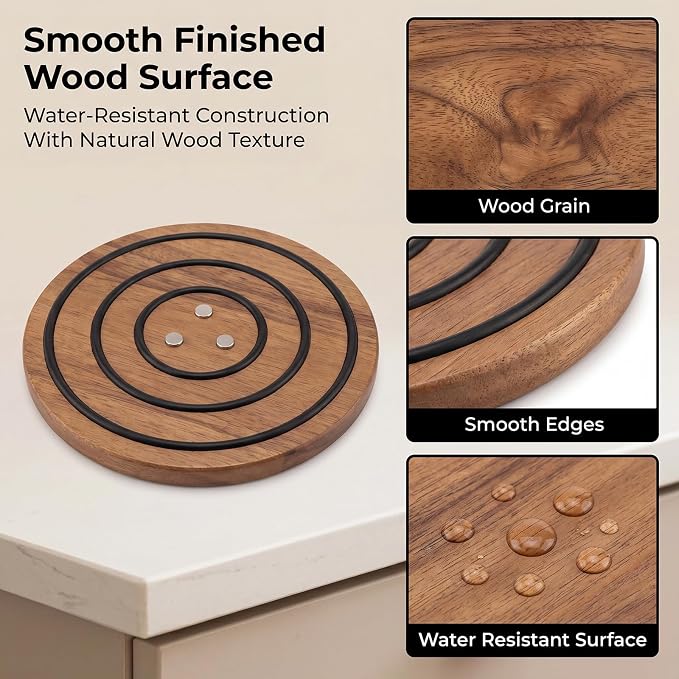 8 Inch Upgraded Strong Magnets Wooden Trivet, Wood Trivet with 3 Heat‑Resistant Silicone Rings, Magnetic Pot Holder for Cast Iron Pots, Pans & Hot Dishes, Includes 2 Silicone Pot Grips