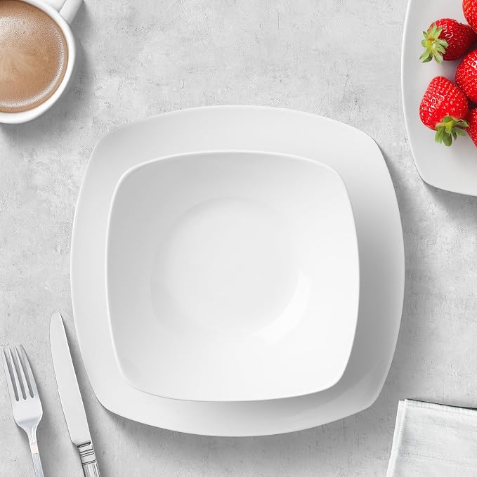 Zulay Kitchen Luna Plates and Bowls Sets, 12 Piece Modern Porcelain Dish Set for 4, Chip and Scratch Resistant Square Dinnerware Set, Microwave and Dishwasher Safe, Pearl White