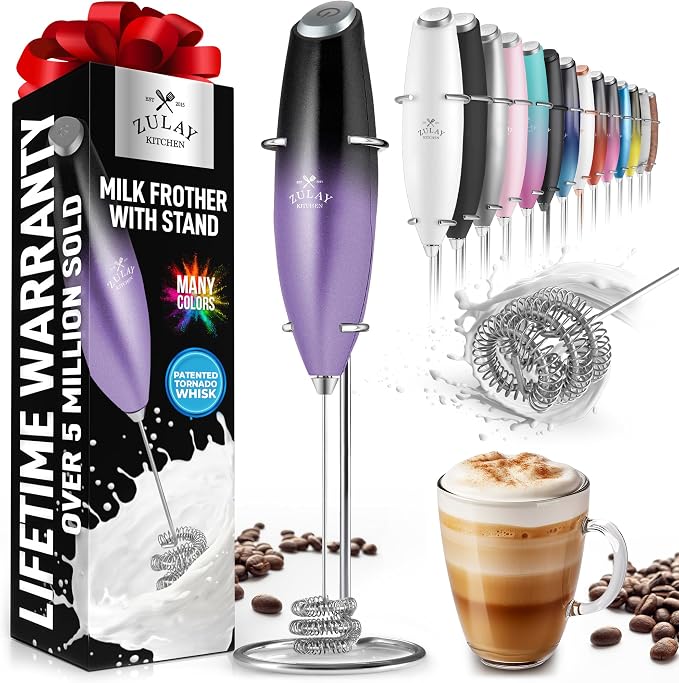 Zulay Powerful Milk Frother for Coffee with Upgraded Titanium Motor - Handheld Electric Whisk, Milk Foamer, Mini Mixer & Coffee Blender for Frappe, Latte, Matcha, No Stand - Purple & Black