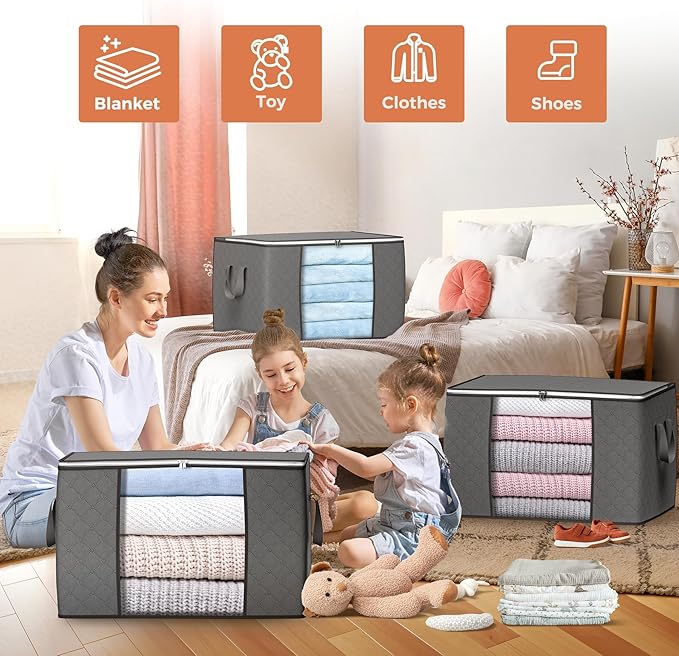 90L Large Storage Bags, 6 Pack Clothes Storage Bins Closet Organizers | Foldable Storage Containers, with Reinforced Handle, for Clothing, Blanket, Comforters, Bed Sheets, Pillows and Toys,Gray