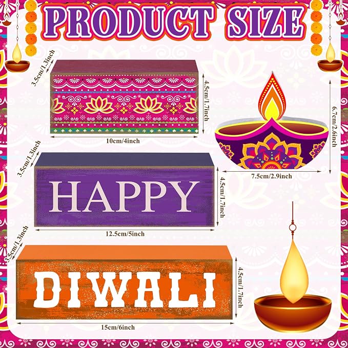 Lineshading 4 Pcs Wooden Diwali Tiered Tray Decor, Block Signs for Home | Rustic Farmhouse Style with Happy Diwali Lamp Design, Stackable Blocks for Tiered Tray, Festival Home Gift Decor