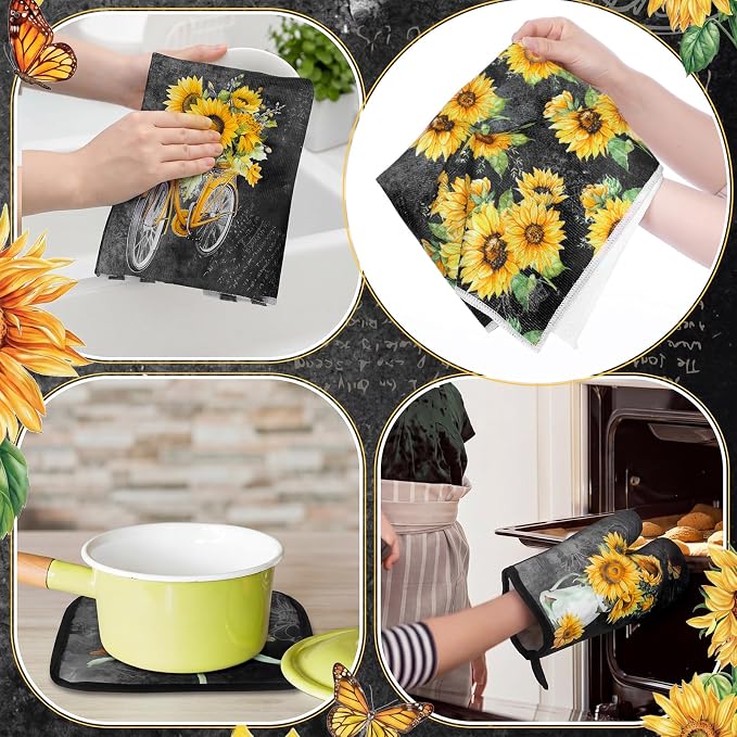 Leinuosen 8 Pcs Black Sunflower Kitchen Towels and Dishcloths Sets Pot Holders and Oven Mitts Sets Absorbent Kitchen Gloves Potholders Heat Resistant for Chef Baking Cooking