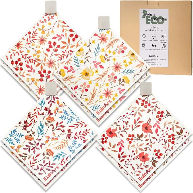 Eulnars Swedish Dishcloths for Kitchen, 8 Pack Watercolor Reusable Paper Towels with Clips, Non-Scratch Swedish Kitchen Towels, Super Absorbent Cellulose Sponge Cloths, Dishwasher Safe, No Odor