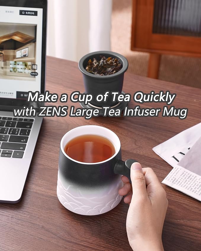 ZENS Tea Mug with Infuser and Lid for Loose Leaf Tea Steeper, 16.9oz White | Embossed Ceramic Tea Cup with Infuser for Herbal Tea Difussers, Tea Lovers Gifts, Nature Wood Handle