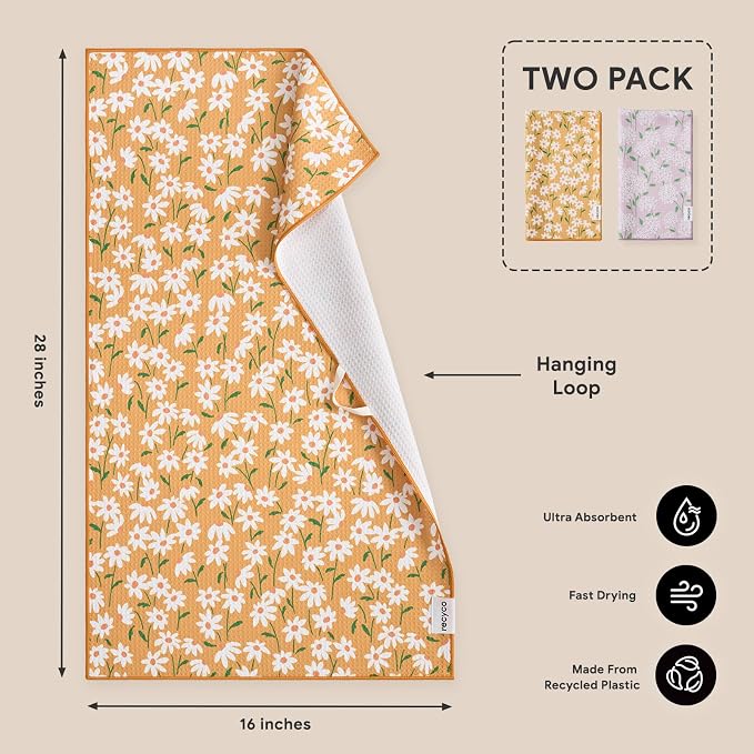 RECYCO Waffle Kitchen Towel Set of 2 - Quick Dry Microfiber Sustainable Dish Towels - Ultra Absorbent Reusable Cleaning Tea Towels - Lightweight Hand Towels,16”x 28”, Matisse Floral