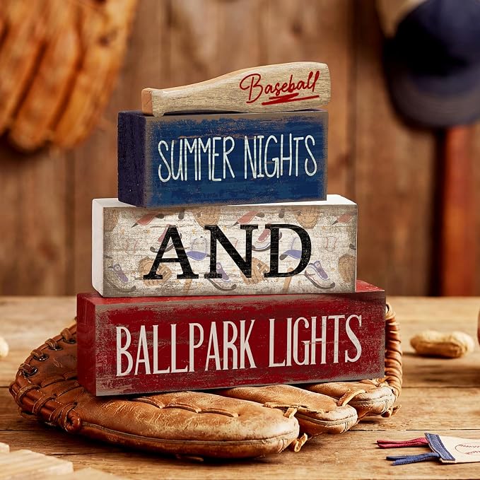 Lineshading 4 Pcs Baseball Wooden Blocks Sign with Bat, Blue White Red | Summer Nights Ballpark Lights Farmhouse Style, Party Centerpiece Room Tiered Tray, Stackable Blocks for Fans Boys Decor