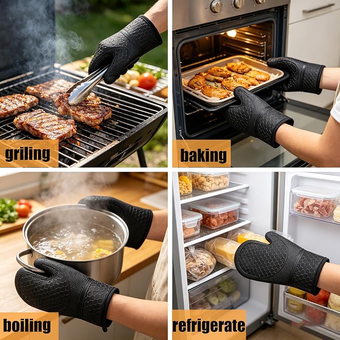 Silicone Oven Mitts 500°F Heat Resistant BBQ Gloves 2-Pack Black | 500°F heat resistance, non-slip honeycomb grip, waterproof & washable, extra long wrist guard, 2-piece set