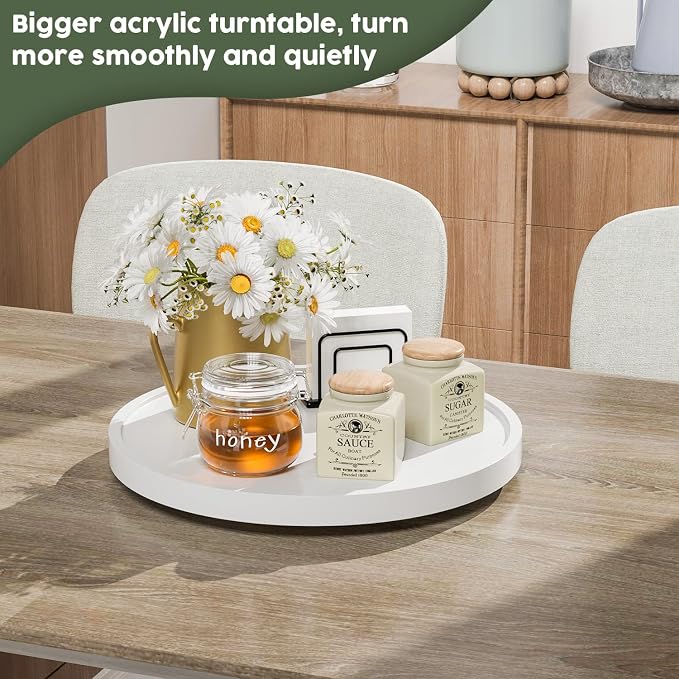 White Lazy Susan for Table, 12 Inch Non-Skid Bamboo Turntable Organizer | Salt Pepper Spices and Olive Oil Next to Stove, Wooden Lazy Susan Organizer for Kitchen Countertop Organizer