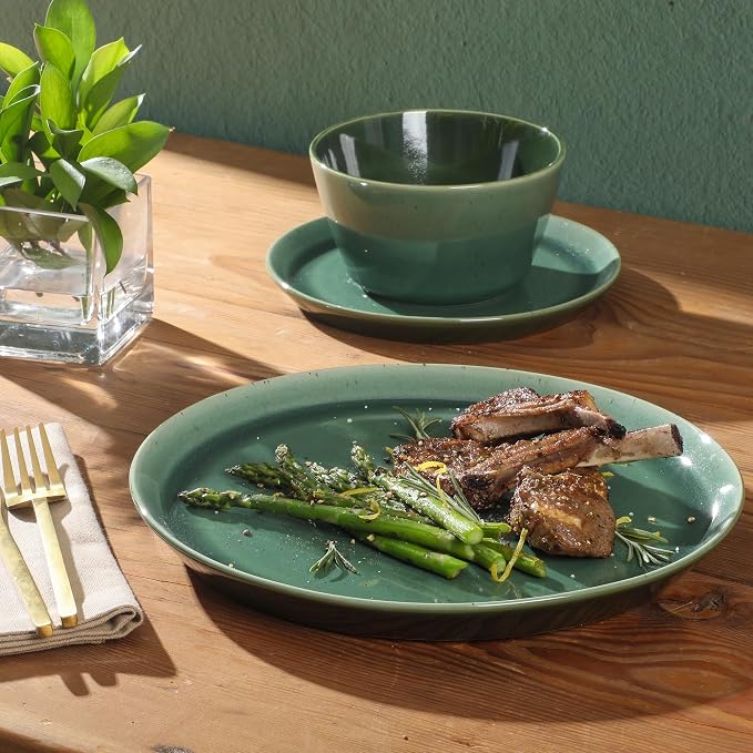 Gibson Elite 12 Piece (Service for 4) Fern Canyon Plates and Bowls Reactive Glaze Modern Coupe Round Dishes Stoneware Ceramic Dinnerware Set - Glossy Green