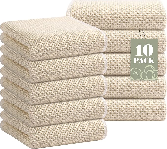 Homaxy 100% Cotton Waffle Weave Kitchen Towels, 10-Pack, Beige | Ultra Soft Absorbent Dish Towels, Quick Drying Cleaning Towels, 13 x 28 Inches
