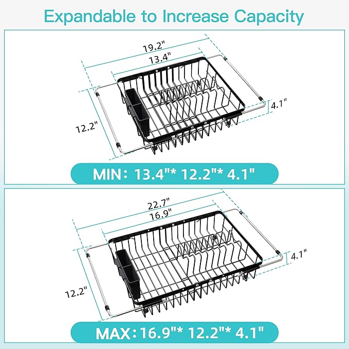 JASIWAY Black Dish Drying Rack Over the Sink with Utensil Holder | Expandable Stainless Steel Dish Driainers for Small Kitchen, Counter Space Saving, Fast Drain, Rust Resistant, For Apartment