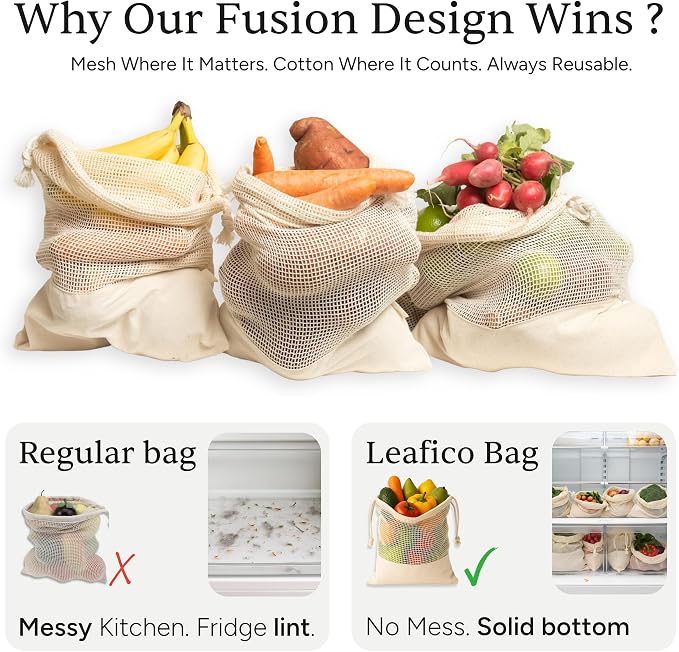 Reusable Produce Bags – 100% Cotton Mesh & Solid Hybrid (XL 14x18 inch 6 Pcs) – Extra Large Bags for Potatoes, Laundry, Toys, Bulk Storage – Washable, Plastic-Free, Breathable, Zero Waste