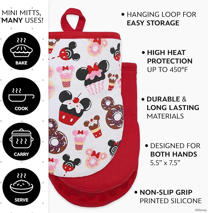 Disney Mickey & Minnie Mini Oven Mitts, 2-Pack, Heat Resistant 450F | Compact 5.5"x7.5" pot holders for kitchen, printed silicone offers non-slip grip, ambidextrous, hand wash or spot clean