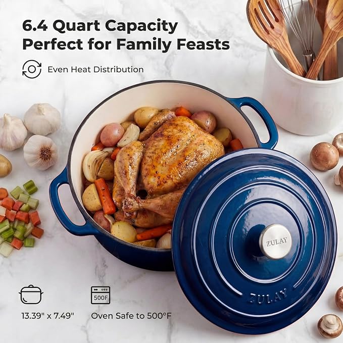 Zulay Kitchen 6.4QT Enameled Cast Iron Dutch Oven Pot with Lid, Heavy-Duty Soup Pot for Stews, Braising, Roasting & Sourdough Bread Baking, Oven Safe up to 500°F - Lapis Lazuli