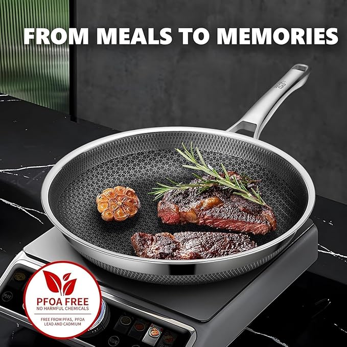 OATOFP Non Stick Frying Pans 12 inch, Hybrid Improved Version Frying Pan Nonstick with Lid, Stainless Steel Skillet, Dishwasher and Oven-Safe Chef & Quiche Pans, PFOA Free Cookware