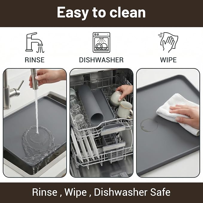 ZJWZLG Silicone Coffee Mat for Countertop, 16x16 inch - Heat Resistant Espresso Machine Mat with Raised Edge, Non-Slip Waterproof Station Pad, Compact Coffee Bar & Kitchen Accessories - Grey