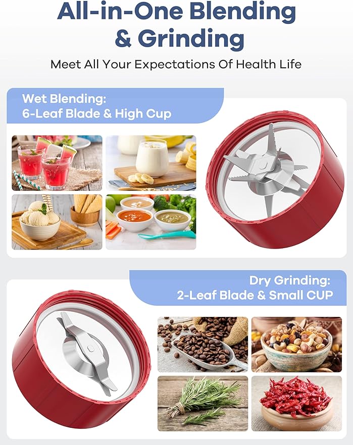 Ganiza Smoothie Blender, 900W Blenders Shakes and Smoothies, Red | 15-Piece Personal Blender and Grinder Combo for Kitchen, Smoothies Maker with 4 BPA-Free Portable Cup, Nutritious Recipe
