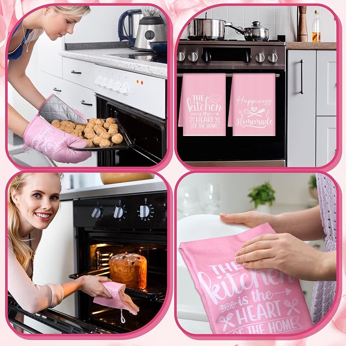 Sratte 6 Pcs Kitchen Decor Accessories Set, Kitchen, Pink | Farmhouse Kitchen Towels Pot Holders Oven Mitts Set 2 Dish Towels 2 Potholders 2 Cooking Mittens for Baking Cooking Supply