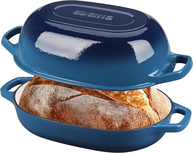 EDGING CASTING Enameled Cast Iron Oval Dutch Oven Pot with Lid, Dutch Oven for Sourdough Bread Baking, Bread Oven, Bread Dutch Oven, Oval Bread Pan, 7qt, Lake Blue