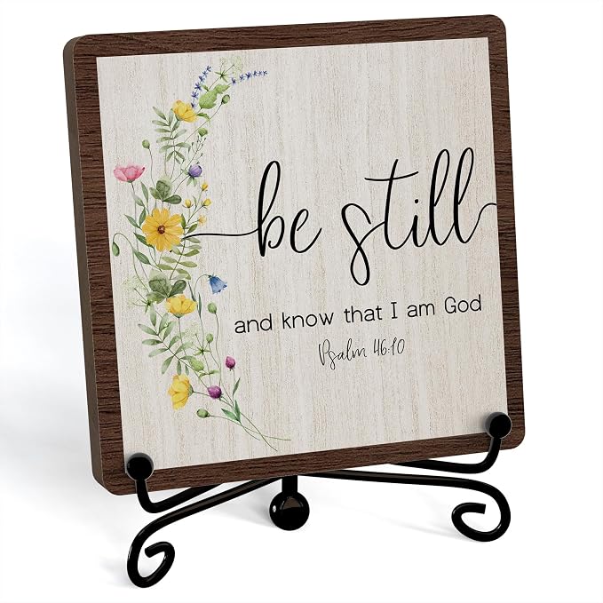 Inspirational Christian Desk Decor, Be Still And Know That I Am God Rutsic Sign, Desk Decorations For Office Home Living Room Bathroom, Eucalyptus Shelf Decor, Wooden Plaque With Stand (04)