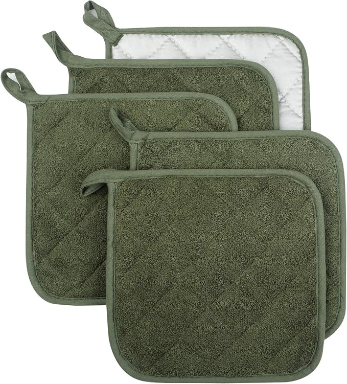 Pot Holders for Kitchen, 100% Cotton Terry Pot Holder Set of 5, Heat Resistant Hot Pads for Cooking, Baking, Hot Dishes and Countertop Protection, Olive Green