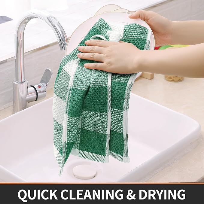 Homaxy Kitchen Towels and Dishcloths Set, Set of 12, White & Dark Green | Bulk Cotton Waffle Weave Check Plaid Kitchen Towels, Super Soft and Absorbent Dish Cloths, 12 x 12 and 13 x 28 Inches