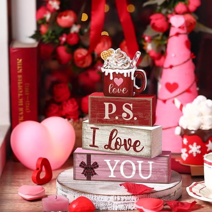 Lineshading 4 Pcs Wooden Block Signs, P.S. I Love You Tiered Tray Decor | Farmhouse Coffee Mug Topper Design, Valentine's Day Tabletop Display, Stackable Set for Home Accents, Distressed Wood