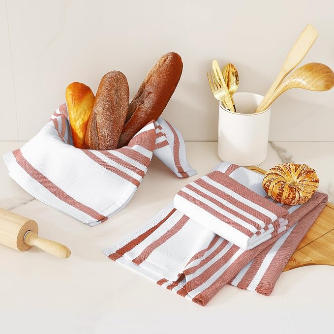 Homaxy Premium Cotton Stripe Kitchen Towels 6 Pack, 18"x 28", Rust | Large 380 GSM Kitchen Hand Towels, Soft Terry Dish Towels, Highly Absorbent Tea Towel Set with Hanging Loop