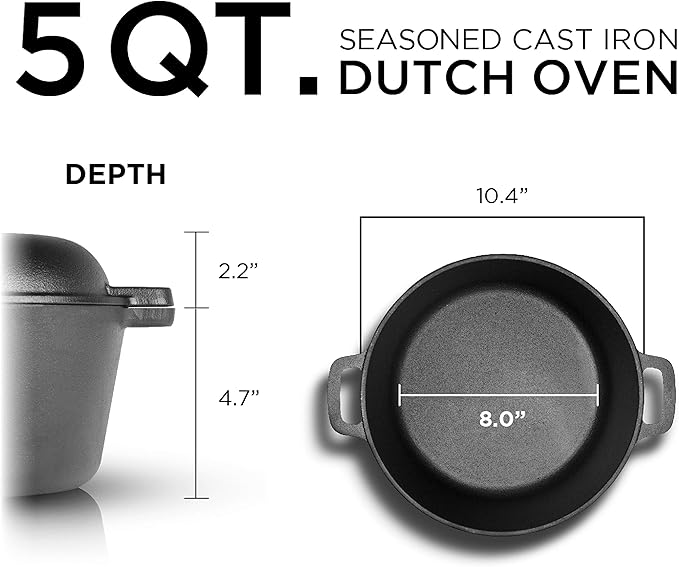 Commercial Chef 2-in-1 5-Qt. Dutch Oven, 10.25-Inch Skillet Lid, CHFL508 | Pre-Seasoned Cast Iron, Works on All Cooktops Including Induction, Outdoor Cookware for Campfires or Grills