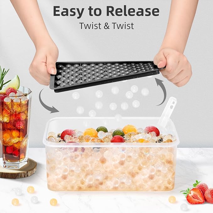 Mini Ice Cube Trays for Freezer with Lid, 0.55" Pebble Ice | 4 Trays-Black, with Ice Box & Scoop. for Coffee, Bottle, Juice & Drinks, Easy Twist Release, Stackable