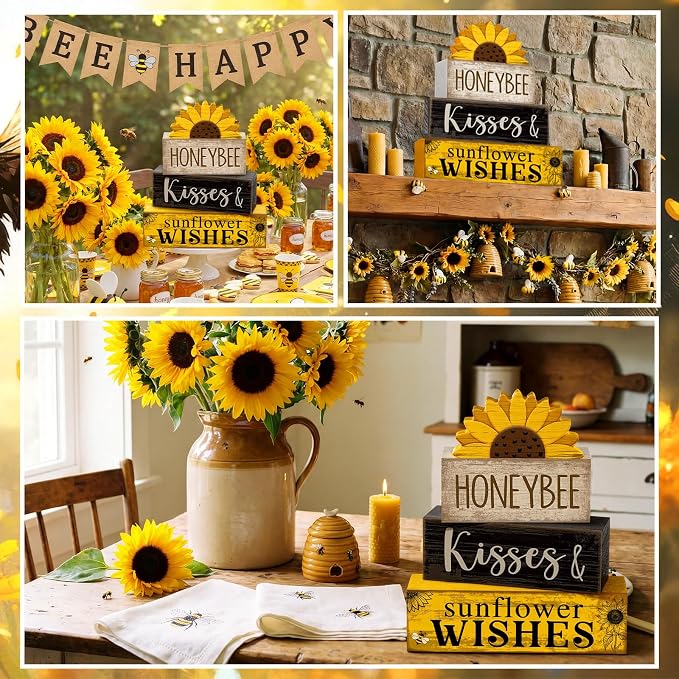 Lineshading 4 Pcs Sunflower Table Decor Farmhouse Summer Tiered Tray Decor | Stackable Rustic Block Signs with Honeybee Sunflower Wishes Theme, Tabletop Shelf Decoration for Farmhouse Gift