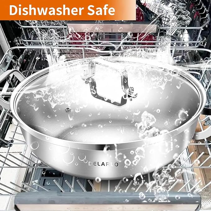 Delarlo Tri-Ply Stainless Steel Hot Pot 14 inch Everyday pan With lid, Everything Pan, Durable Deep Saute Pan, 7QT Induction Cooking Pot,Woks & Stir-Fry Pans Oven Safe Stock Pot