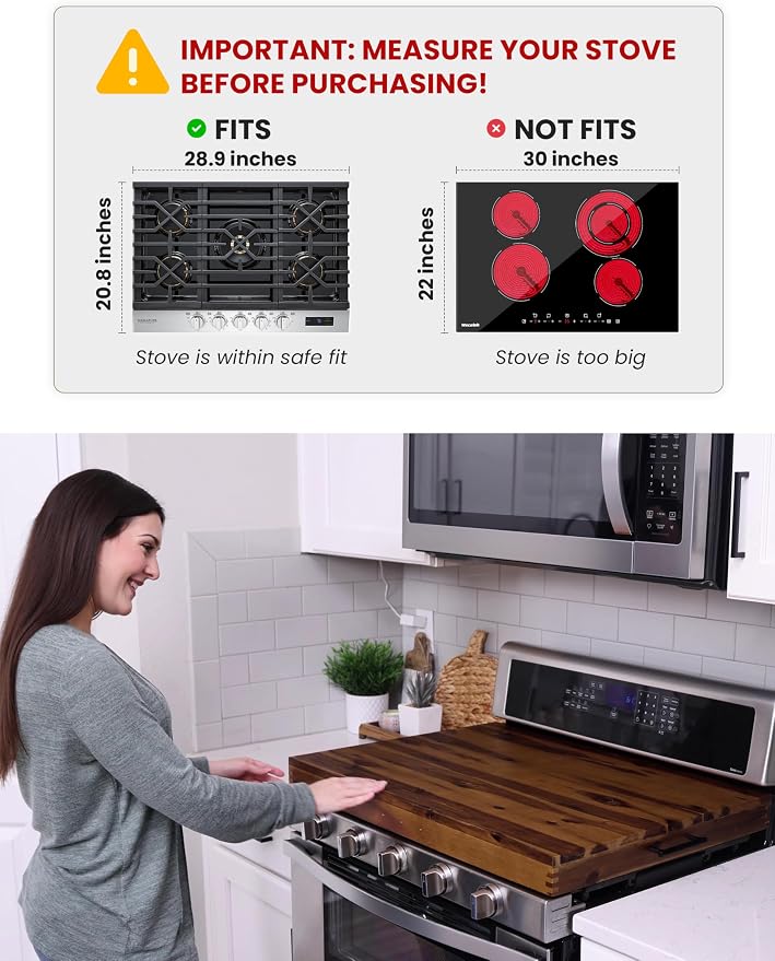 TIDITA Stove Top Covers for Electric Stove, Noodle Board, 30”x22” (Outer) | 28.9”x20.8” (Inner), Walnut color, Acacia Wood, Metal Handles, Non-Skid Pads, Noodles Board Stove Cover, Easy Assembly