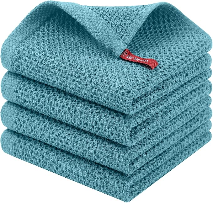 Homaxy 100% Cotton Waffle Weave Kitchen Dish Cloths, 4-Pack, Lake Blue | 12 x 12 Inches, Ultra Soft Absorbent Dish Towels, Quick Drying Dish Rags with Hanging Loop