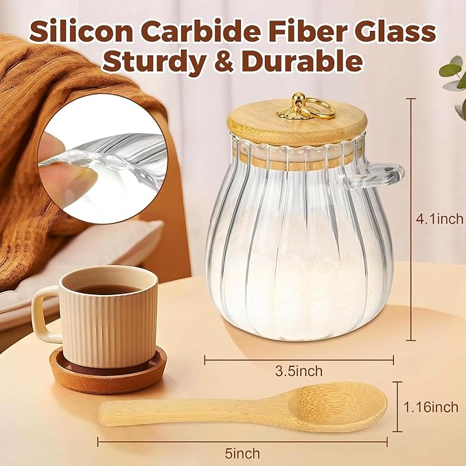 Sugar Container with Bamboo Lid and Spoon,15 oz Sugar Bowl Glass Jar | Coffee Bar Accessories Coffee Canister Kitchen Decor Housewarming Gift Christmas Refillable Design