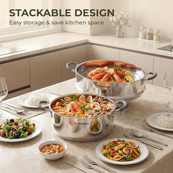 SUNHOUSE 5 QT Stainless Steel Steamer Pot for Cooking with Glass Lid | 2-Tier Food Steaming Basket Insert Vaporera - Stovetop Steamer for Vegetables - Tri-Ply Induction Base, Stay-Cool Handles