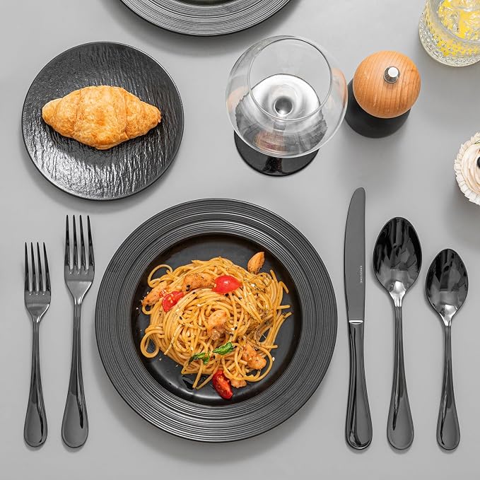 18/10 Stainless Steel Silverware Set for 12, 60 Piece Black Flatware Set | KINGSTONE Teardrop Heavy Cutlery Set, Mirror Polished Knives Fork Spoons Utensils, Dishwasher Safe for Home Kitchen Wedding