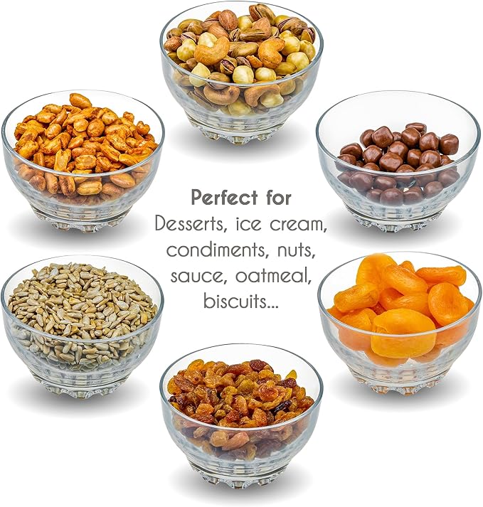 Volarium Glass Bowls Set of 6 for Kitchen Prep, Dessert, Snack, Fruit, or Nuts - 9.5 Ounce Capacity Dip Bowls, Premium Quality Clear Borosilicate Glass