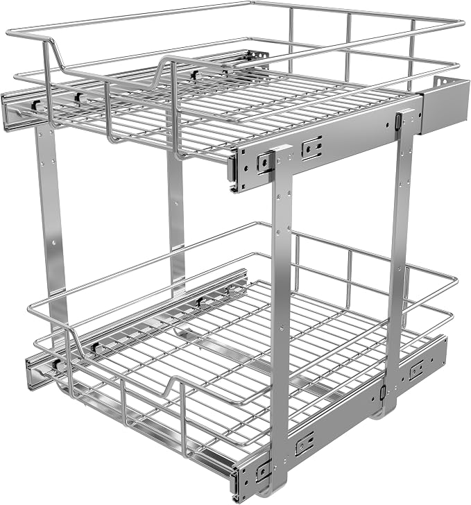 2 Tier Pull Out Cabinet Organizer 15" W X 17" D, Chromed, Full Slide Out | For Kitchen Organizers and Storage, Pull Out Drawers For Cabinets Capacity Heavy Duty Caddy, Cabinet Shelves, Bathroom Pantry