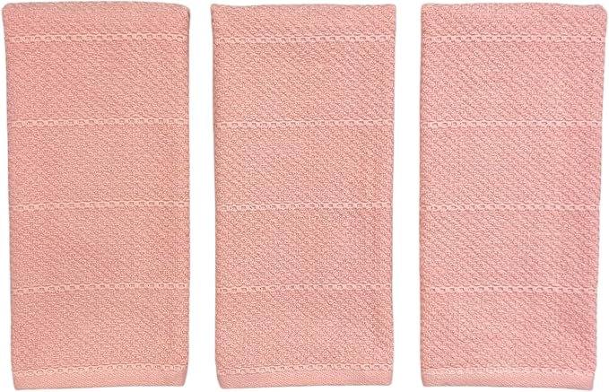 Light Pink Kitchen Hand Dish Towels, Set of 3, 100% Cotton, 18" x 28" | Terry Loop Textured, Soft & Absorbent Cleaning Cloth, Quick Dry, Multipurpose for Everyday Use