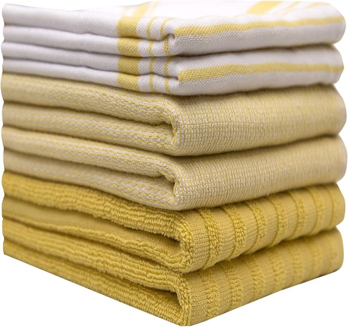 Premium Kitchen Towels 6 Pack 100% Cotton 20"x28" Dish Towels Yellow Stripe | Large Flat & Terry Kitchen Linen Set with Hanging Loops, Highly Absorbent for Washing and Drying Dishes