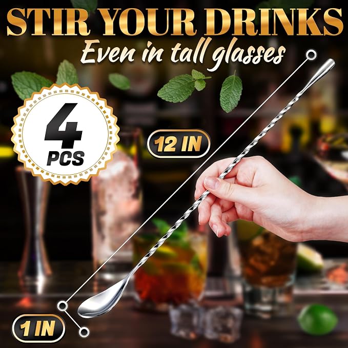 4 Pcs Bar Spoon Set, 12" Long, 18/8 Stainless Steel Cocktail Stirrers | Long Handle Sugar Spoon, Spiral Twisted Design, Corrosion Resistant, for Coffee, Tea, Dirty Soda, Home Bar, and Gifts