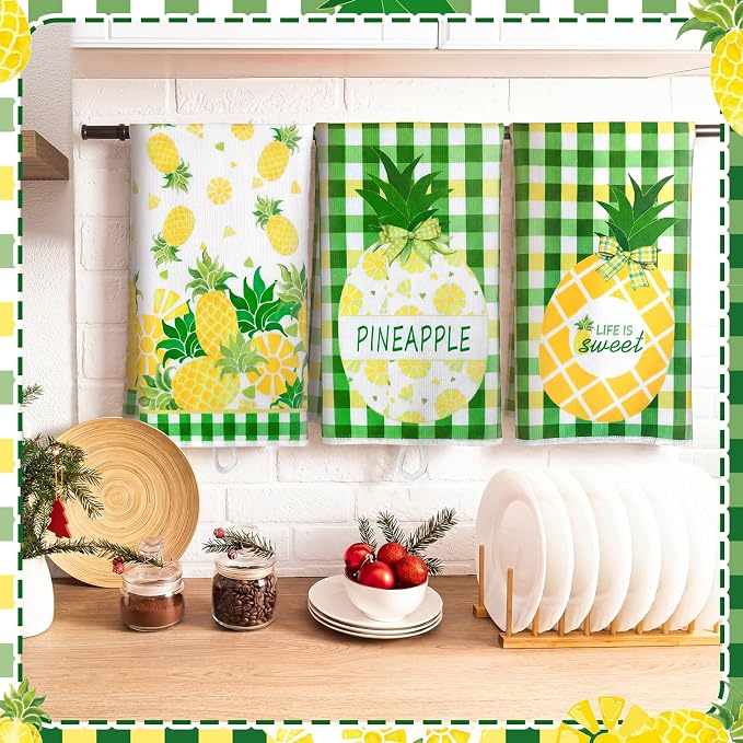 4 Pcs Pineapple Kitchen Towels, Green Grid Dish Towels Gift | Fast Drying Absorbent Dishcloths with Hanging Loop for Cleaning Cooking Baking, Farmhouse Kitchen Decor Housewarming Gift