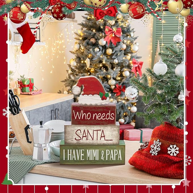 Lineshading 4 Pcs Christmas Wooden Signs Santa Hat Tiered Tray Decor | Farmhouse Style Distressed Wood, For Mantel Shelf Desk Holiday Decor, Grandparents Mimi Papa Themed Christmas Gift