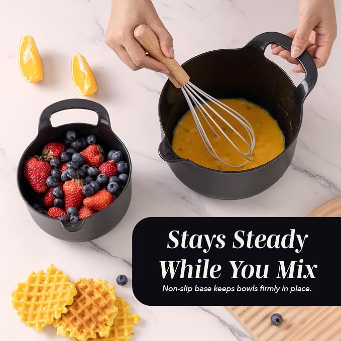 COOK WITH COLOR Nesting Plastic Mixing Bowl Set with Pour Spouts and Handles, Black Speckled, 4 Piece Non-Slip