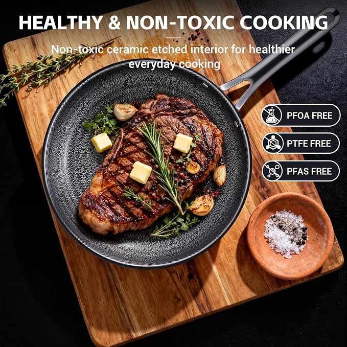 Ammeloo Hybrid Tri-Ply Stainless Steel Frying Pan Set, 8"/9.5"/11" Cooking Pans, Non Stick Frying Pans and Skillets, Chef Pan, Non Toxic, Dishwasher Safe, Induction Compatible, Black Interior